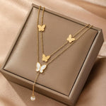 Women's Elegant Butterfly Layered Pendant Necklace | Gold-Plated Pearl Charm Necklace