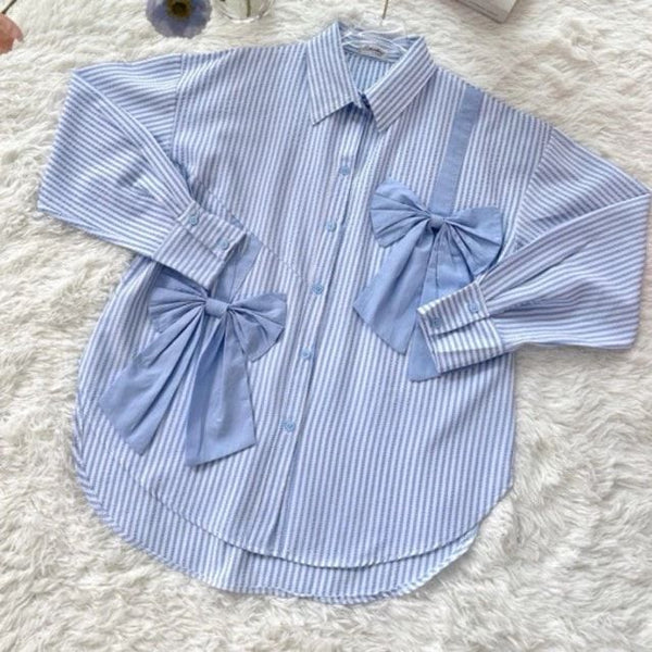 Women's Elegant Blue Striped Bow Detail Shirt | Korean Style Casual Oversized Top