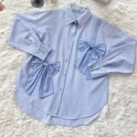 Women's Elegant Blue Striped Bow Detail Shirt | Korean Style Casual Oversized Top