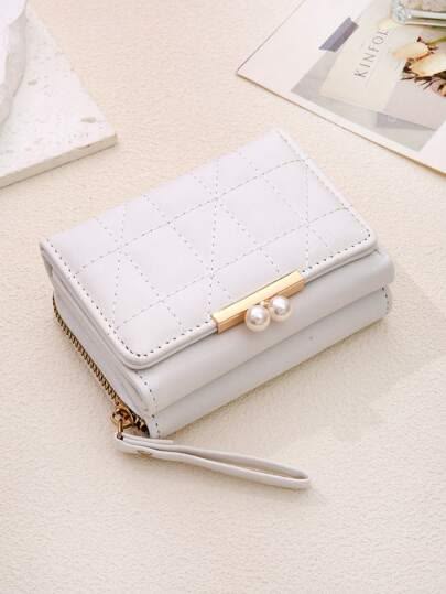 Women's Elegant Quilted Mini Wallet with Pearl Clasp | Compact Zip Around Coin Purse