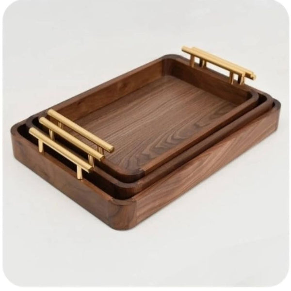 Premium Wooden Serving Tray Set with Metal Handles | Luxury Rectangular Decorative Tray