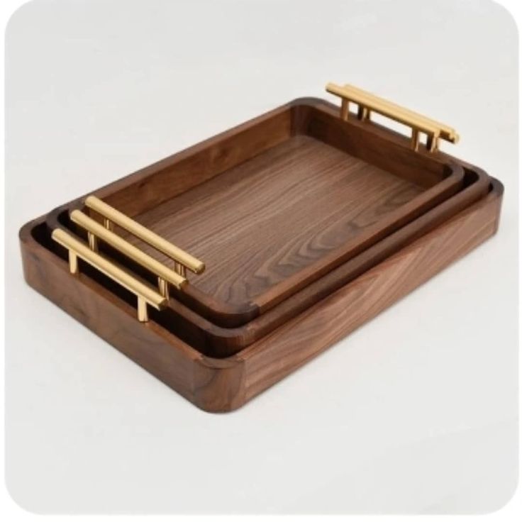 Premium Wooden Serving Tray Set with Metal Handles | Luxury Rectangular Decorative Tray