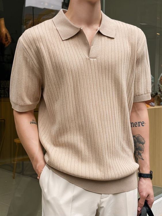 Men's Premium Ribbed Knit Polo T-Shirt | Casual Short Sleeve Textured Polo Top
