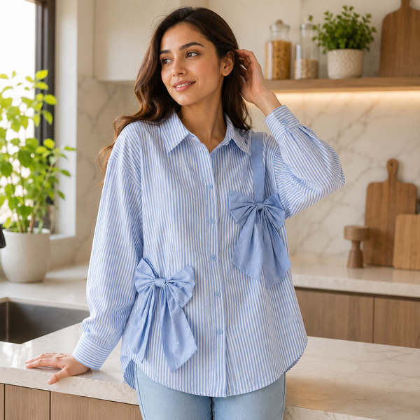 Women's Elegant Blue Striped Bow Detail Shirt | Korean Style Casual Oversized Top