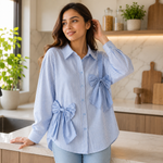 Women's Elegant Blue Striped Bow Detail Shirt | Korean Style Casual Oversized Top