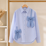 Women's Elegant Blue Striped Bow Detail Shirt | Korean Style Casual Oversized Top