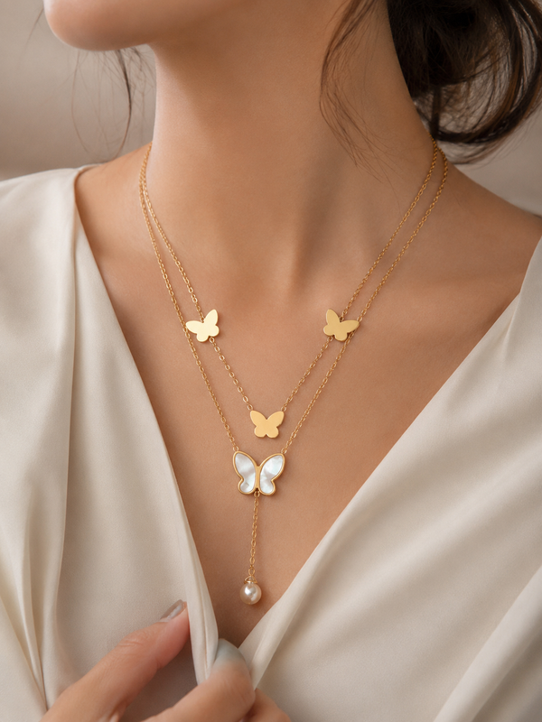 Women's Elegant Butterfly Layered Pendant Necklace | Gold-Plated Pearl Charm Necklace