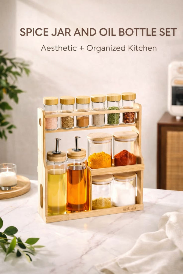 Premium  with Bamboo Rack | Kitchen Seasoning Organizer with Oil Dispenser Bottles